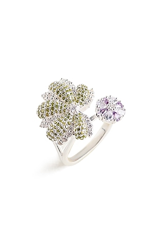 White Rhodium Finish Amethyst & Green Quartz Gemstone Ring In Sterling Silver by Janvi Sachdeva Design