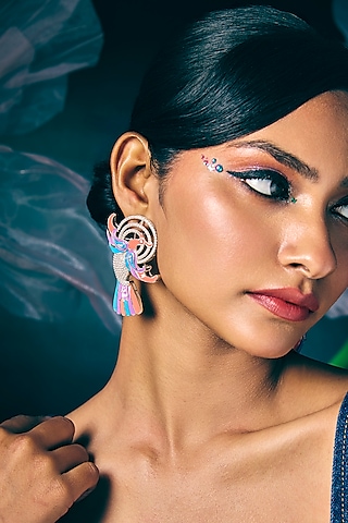 White Rhodium Finish Cz Diamond Enameled Earrings In Sterling Silver by Janvi Sachdeva Design