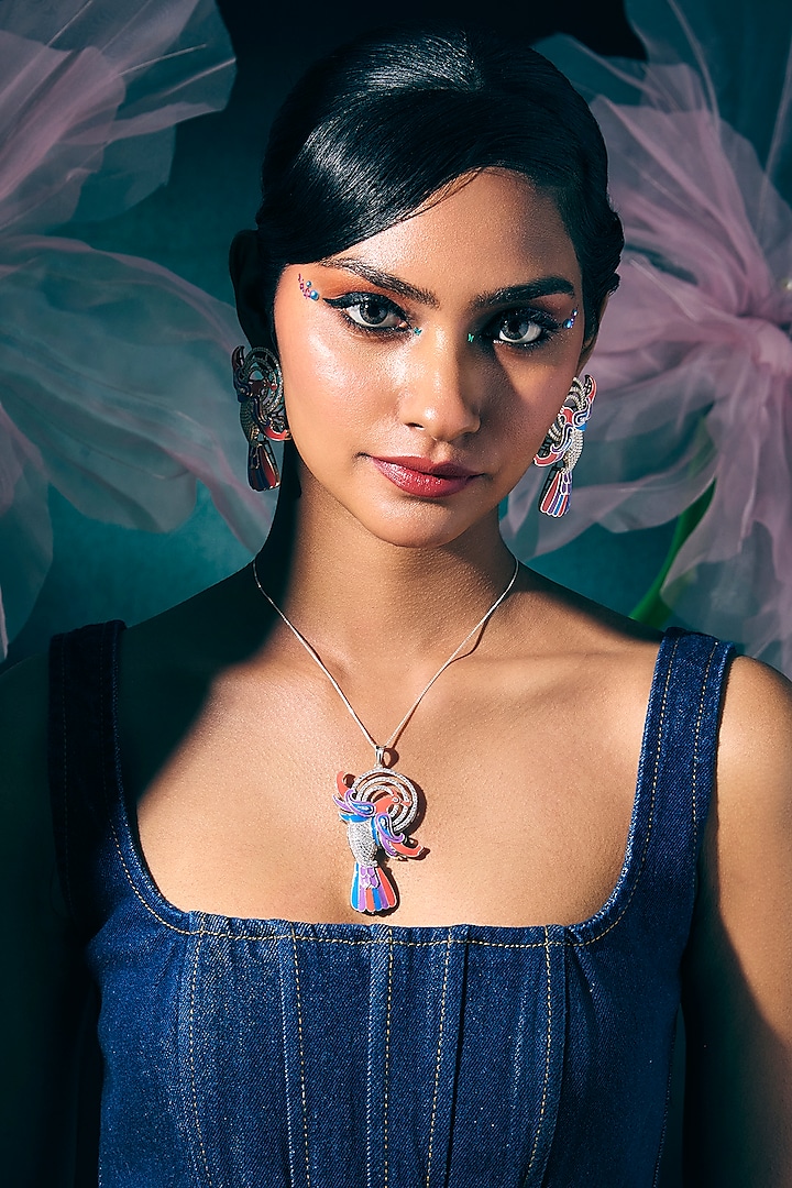 White Rhodium Finish Amethyst & Green Quartz Gemstone Pendant Necklace In Sterling Silver by Janvi Sachdeva Design at Pernia's Pop Up Shop