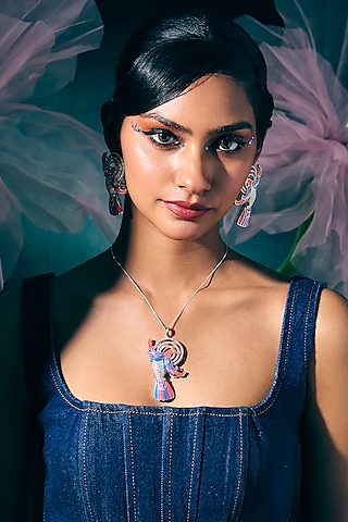 White Rhodium Finish Amethyst & Green Quartz Gemstone Pendant Necklace In Sterling Silver by Janvi Sachdeva Design