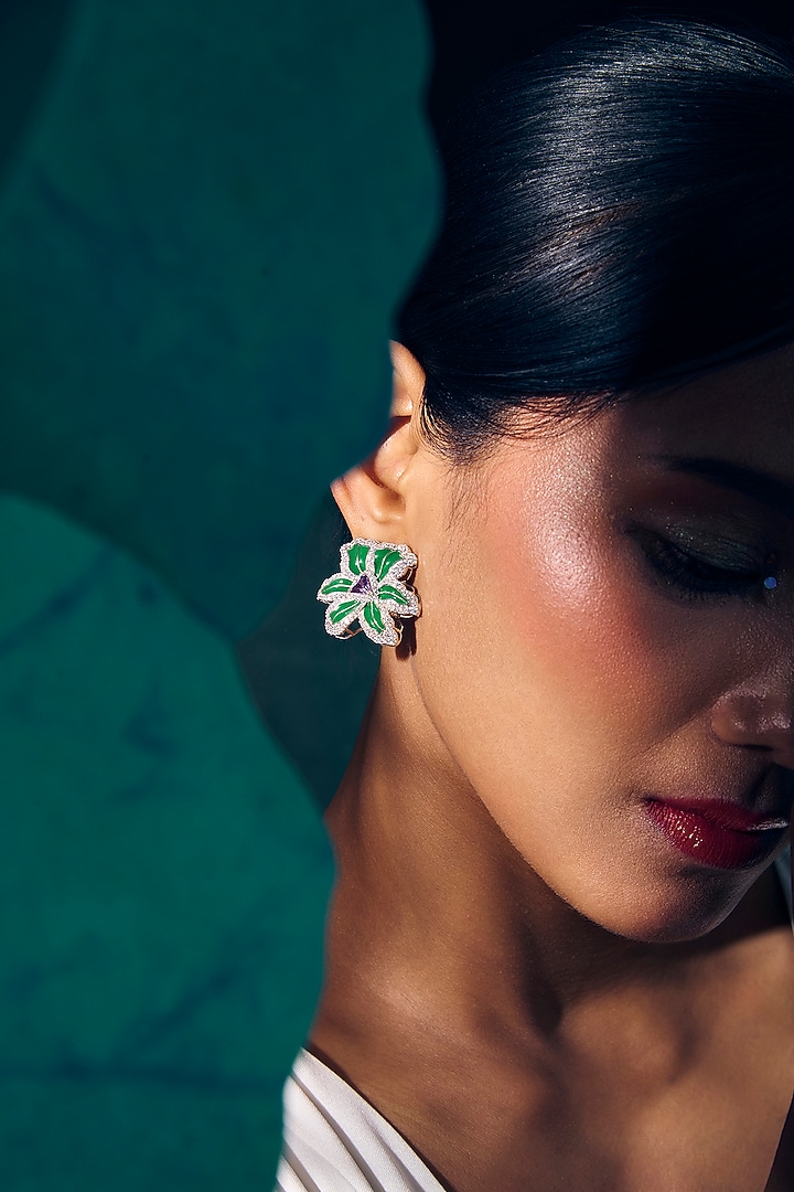 White Rhodium Finish Amethyst Gemstone Green Enameled Earrings In Sterling Silver by Janvi Sachdeva Design at Pernia's Pop Up Shop