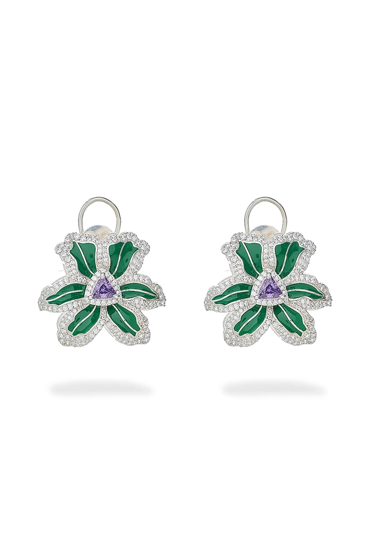 White Rhodium Finish Amethyst Gemstone Green Enameled Earrings In Sterling Silver by Janvi Sachdeva Design at Pernia's Pop Up Shop