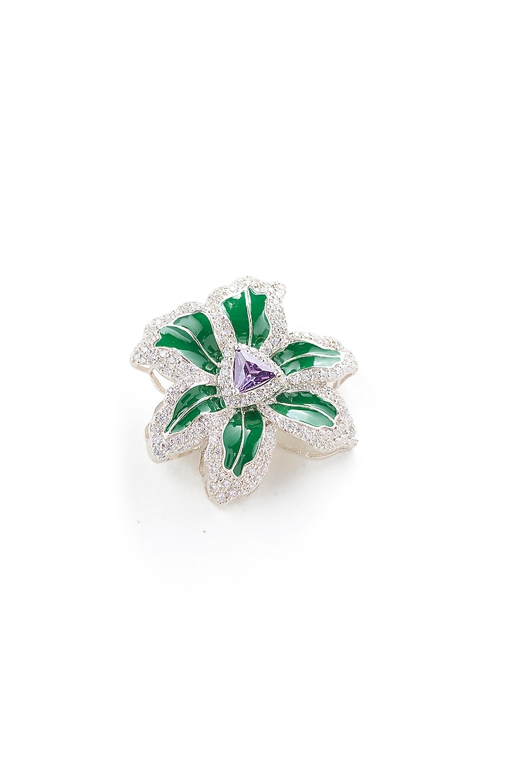 White Rhodium Finish Amethyst Gemstone Green Enameled Brooch In Sterling Silver by Janvi Sachdeva Design at Pernia's Pop Up Shop