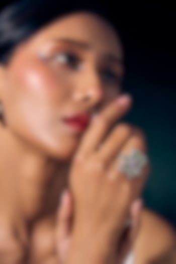 White Rhodium Finish Amethyst Gemstone Green Enameled Ring In Sterling Silver by Janvi Sachdeva Design at Pernia's Pop Up Shop