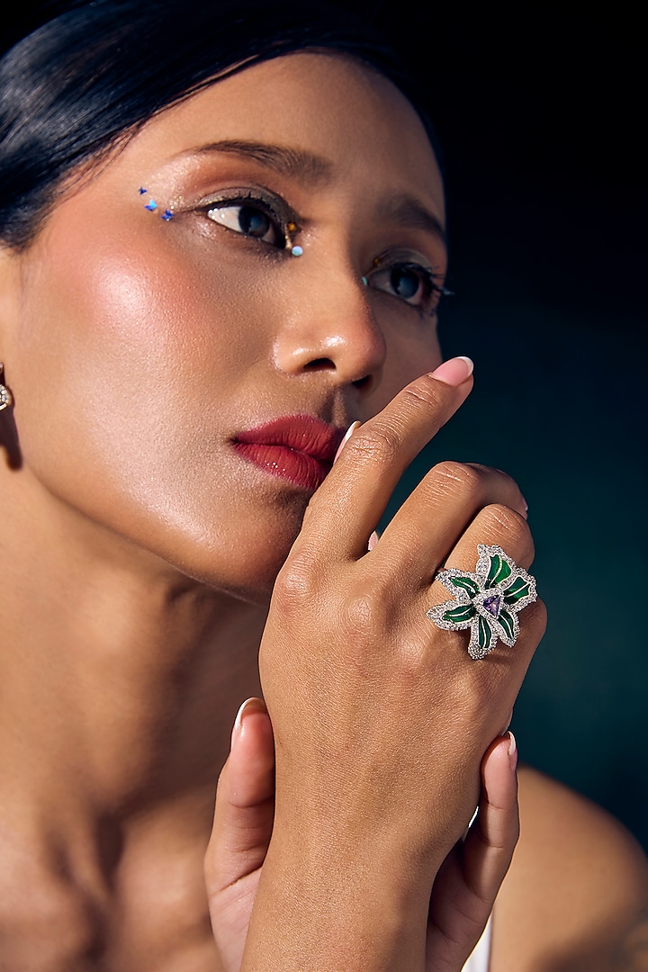 White Rhodium Finish Amethyst Gemstone Green Enameled Ring In Sterling Silver by Janvi Sachdeva Design at Pernia's Pop Up Shop