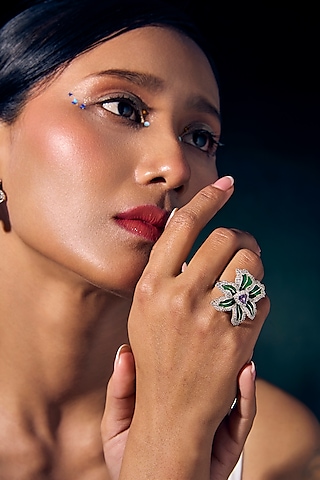 White Rhodium Finish Amethyst Gemstone Green Enameled Ring In Sterling Silver by Janvi Sachdeva Design