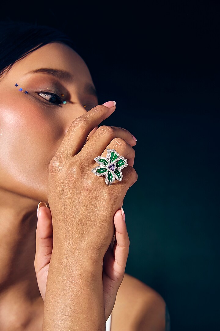 White Rhodium Finish Amethyst Gemstone Green Enameled Ring In Sterling Silver by Janvi Sachdeva Design at Pernia's Pop Up Shop