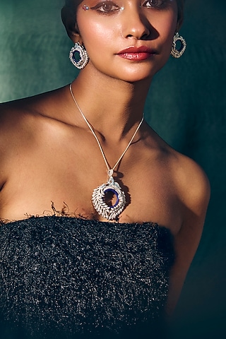 White Rhodium Finish Lapis Lazuli & Cz Diamond Pendant Necklace In Sterling Silver by Janvi Sachdeva Design