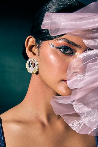 White Rhodium Finish Lemon Quartz & Cz Diamond Earrings In Sterling Silver by Janvi Sachdeva Design
