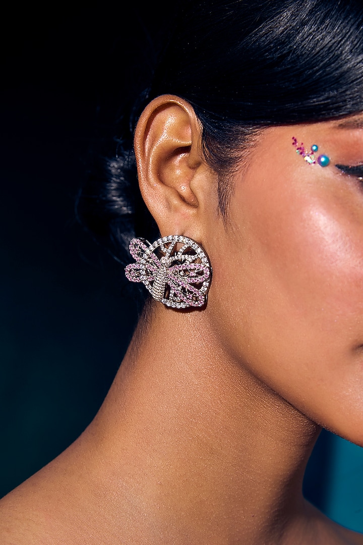 White Rhodium Finish Pink Quartz Earrings In Sterling Silver by Janvi Sachdeva Design at Pernia's Pop Up Shop