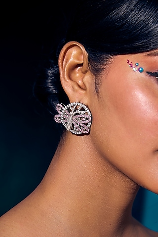 White Rhodium Finish Pink Quartz Earrings In Sterling Silver by Janvi Sachdeva Design