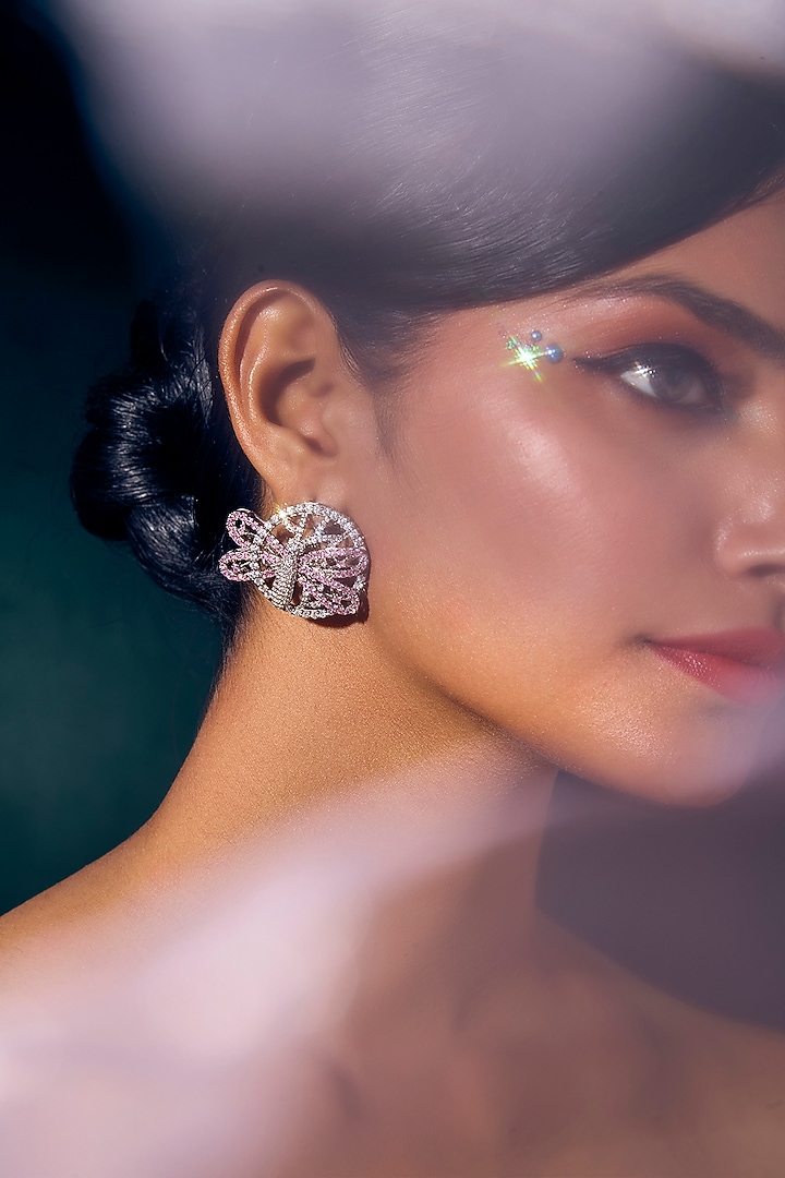 White Rhodium Finish Pink Quartz Earrings In Sterling Silver by Janvi Sachdeva Design at Pernia's Pop Up Shop