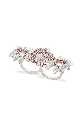 White Rhodium Finish Garnet Gemstone & Cubic Zirconia Floral Ring In Sterling Silver by Janvi Sachdeva Design