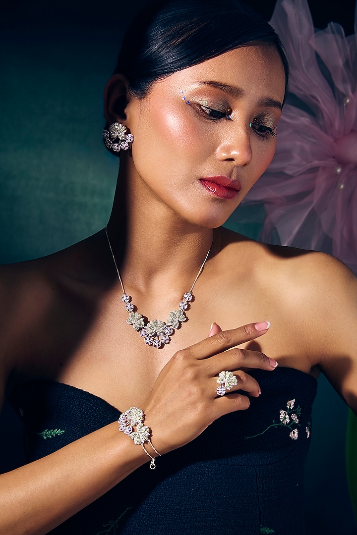White Rhodium Finish Amethyst & Green Quartz Gemstone Adjustable Bracelet In Sterling Silver by Janvi Sachdeva Design at Pernia's Pop Up Shop