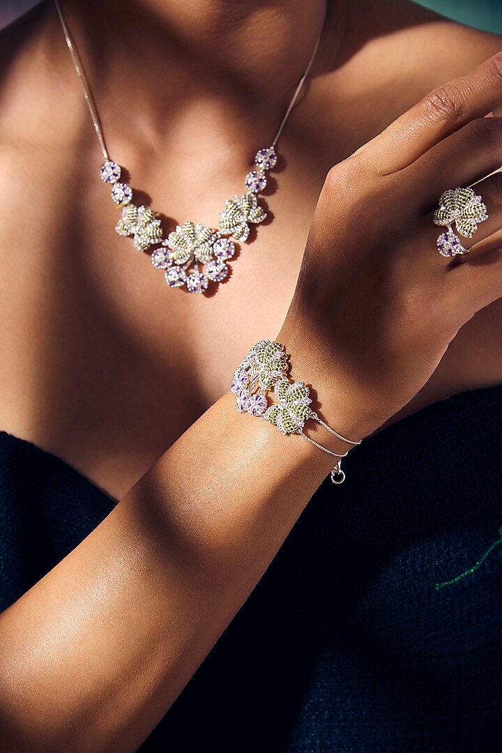 White Rhodium Finish Amethyst & Green Quartz Gemstone Adjustable Bracelet In Sterling Silver by Janvi Sachdeva Design at Pernia's Pop Up Shop