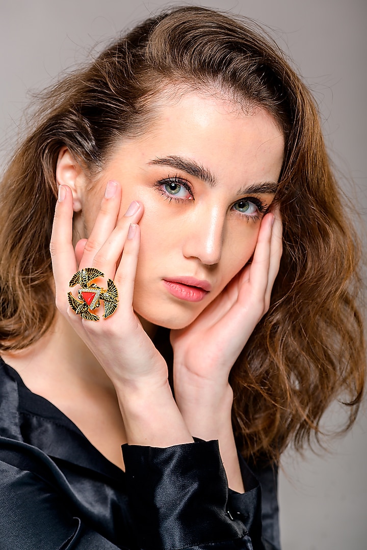 Gold Finish Coral Ring In 92.5 Sterling Silver by Janvi Sachdeva Design
