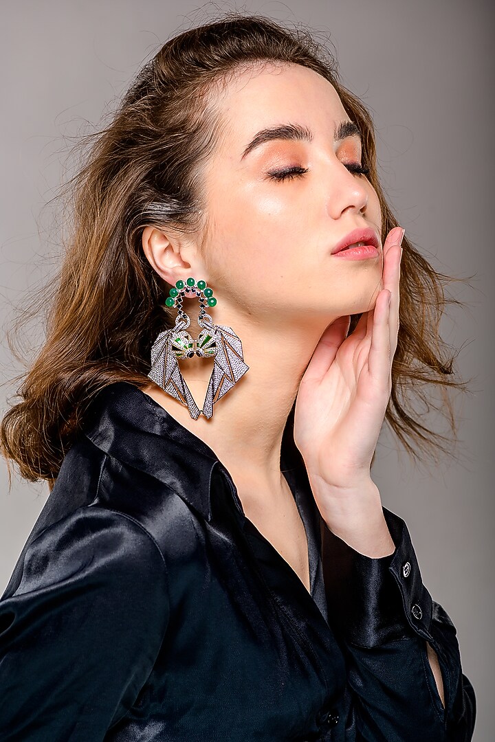 Two Tone Finish Swarovski Dangler Earrings In 92.5 Sterling Silver by Janvi Sachdeva Design at Pernia's Pop Up Shop