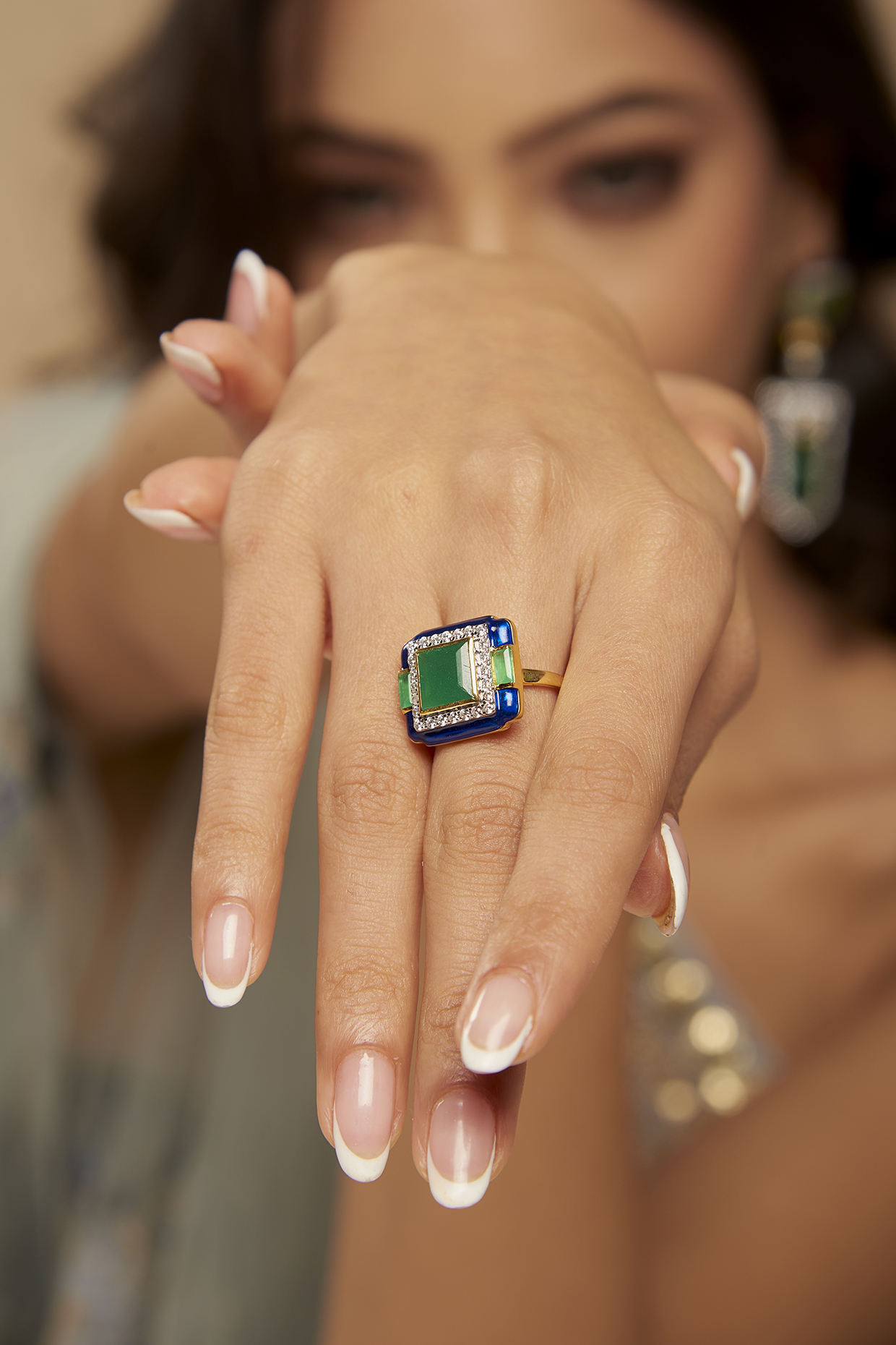 Two-Toned Finish Zircon & Green Stone Ring In Sterling Silver by Janvi Sachdeva Design at Pernia's Pop Up Shop