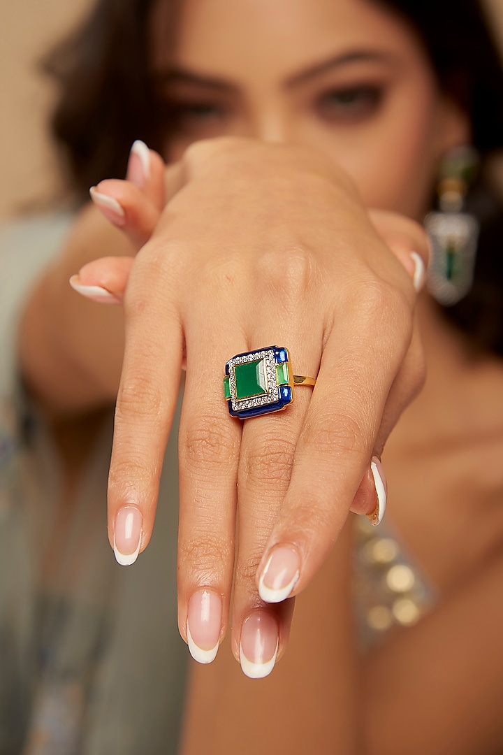 Two-Toned Finish Zircon & Green Stone Ring In Sterling Silver by Janvi Sachdeva Design at Pernia's Pop Up Shop