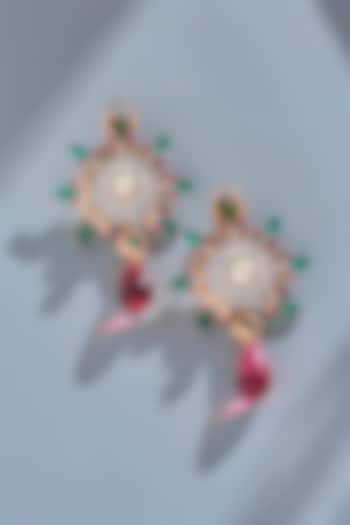 Rose Gold Finish Pink Stone & Zircon Dangler Earrings In Sterling Silver by Janvi Sachdeva Design