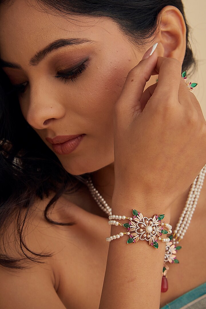 Rose Gold Finish Pink Stone & Zircon Bracelet In Sterling Silver by Janvi Sachdeva Design