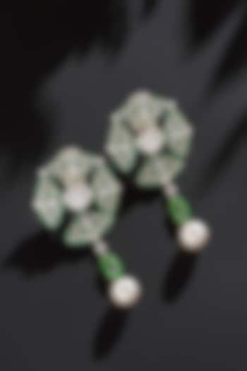 White Finish Green Stone & Zircon Dangler Earrings In Sterling Silver by Janvi Sachdeva Design