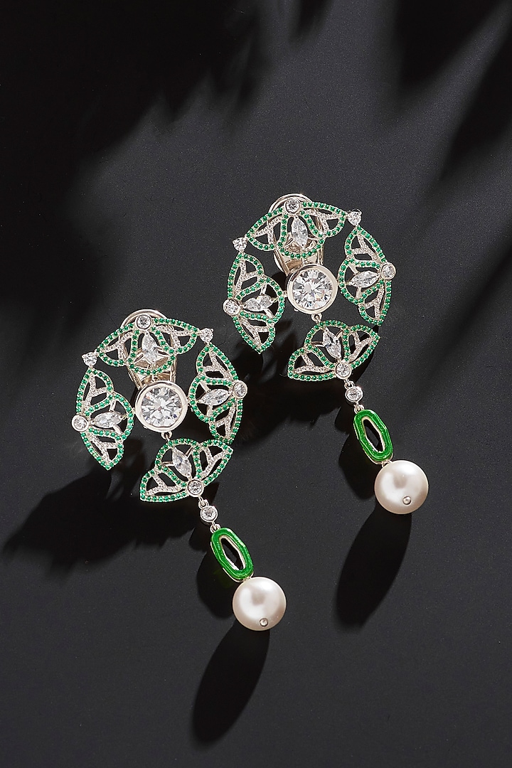 White Finish Green Stone & Zircon Dangler Earrings In Sterling Silver by Janvi Sachdeva Design