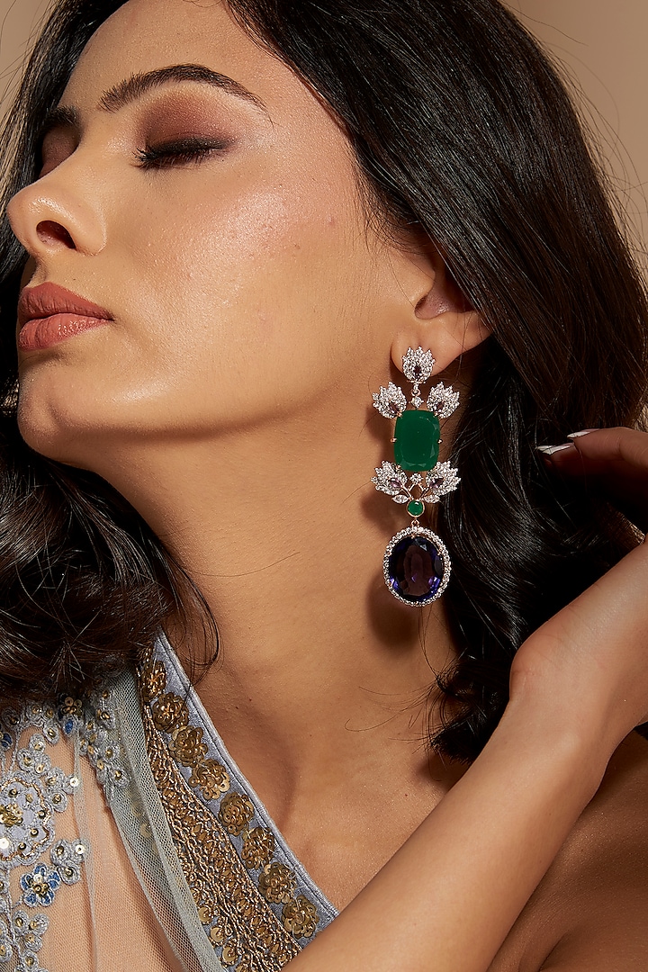 Rose Gold Finish Purple & Green Stone Dangler Earrings In Sterling Silver by Janvi Sachdeva Design