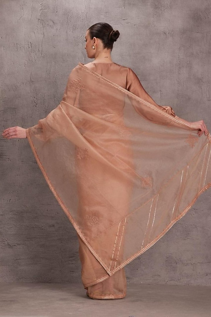 Rose Gold Organza Floral Motif Embroidered Wedding Saree Set by JANKI INDIA at Pernia's Pop Up Shop