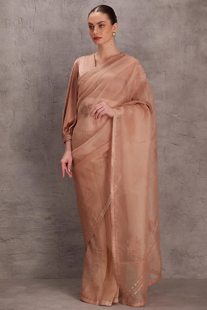 Rose Gold Organza Floral Motif Embroidered Wedding Saree Set by JANKI INDIA at Pernia's Pop Up Shop