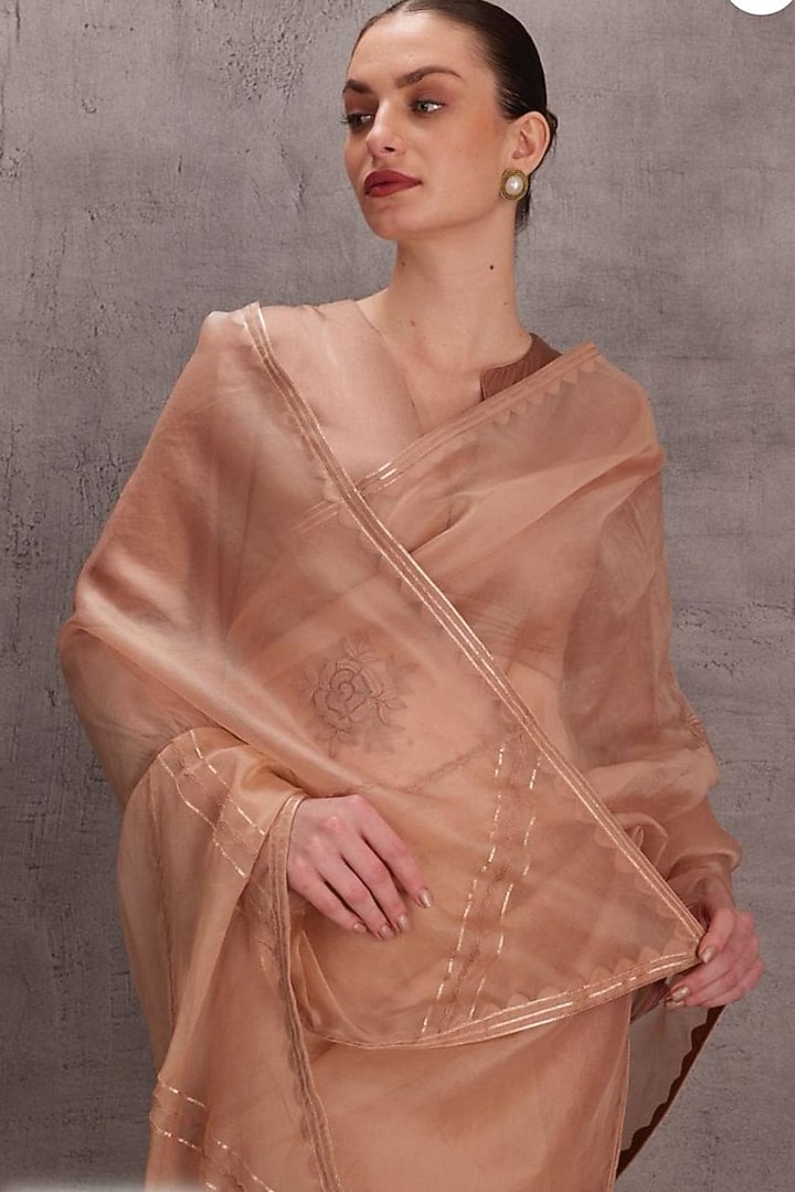 Rose Gold Organza Floral Motif Embroidered Wedding Saree Set by JANKI INDIA at Pernia's Pop Up Shop