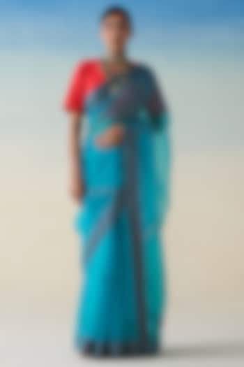 Turquoise Organza Embroidered Saree by JANKI INDIA at Pernia's Pop Up Shop