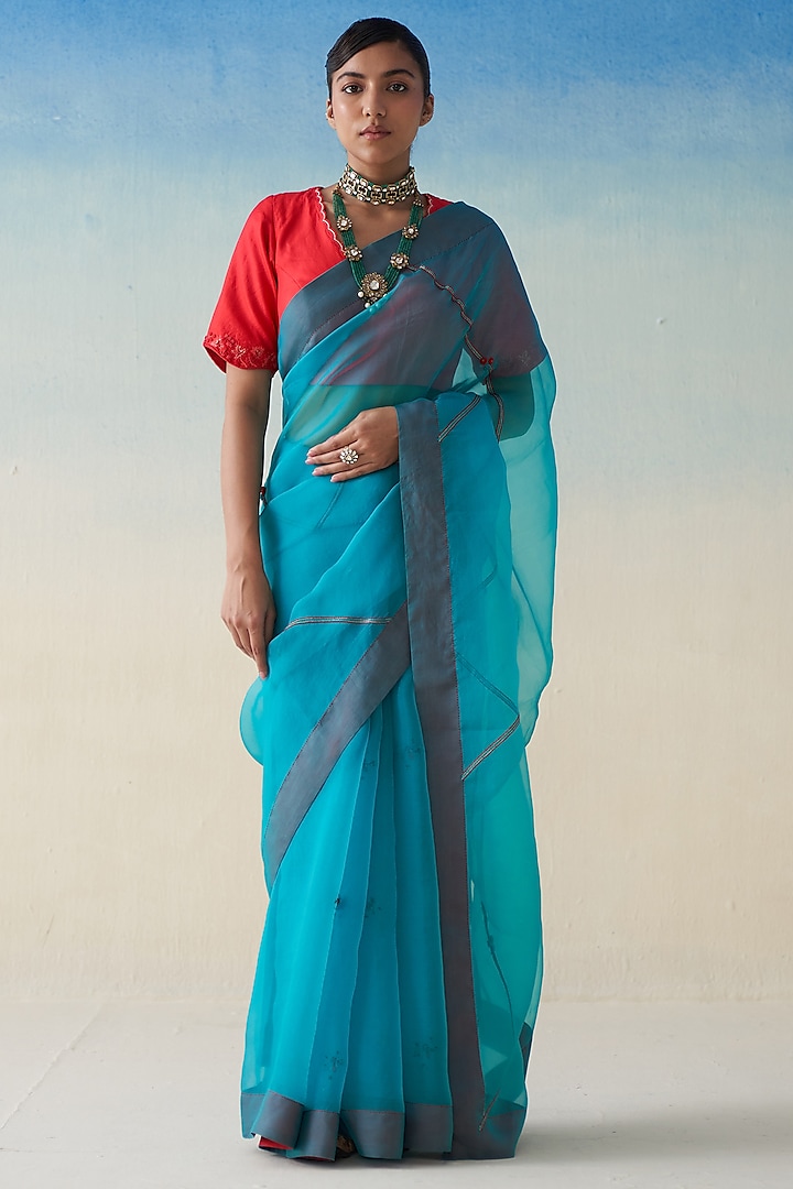 Turquoise Organza Embroidered Saree by JANKI INDIA at Pernia's Pop Up Shop