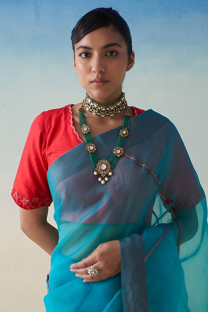 Turquoise Organza Embroidered Wedding Saree by JANKI INDIA at Pernia's Pop Up Shop