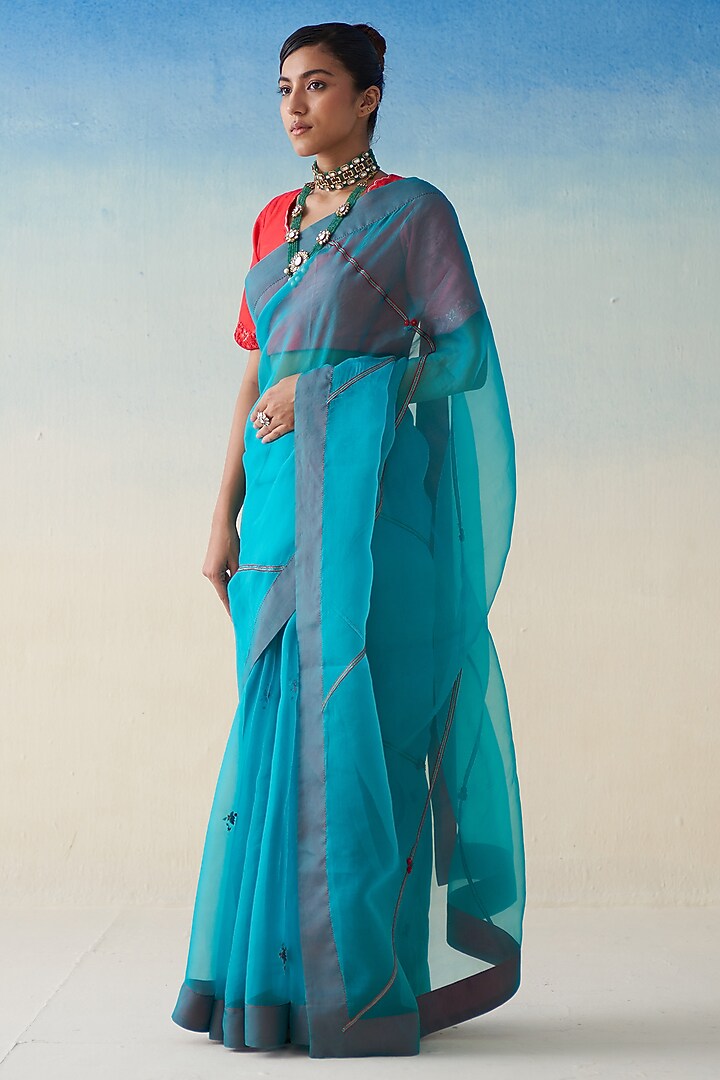 Turquoise Organza Embroidered Wedding Saree by JANKI INDIA at Pernia's Pop Up Shop