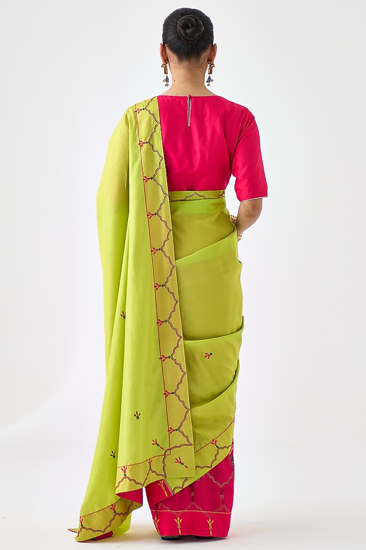 Lime Green & Fuchsia Silk Embroidered Wedding Saree by JANKI INDIA at Pernia's Pop Up Shop