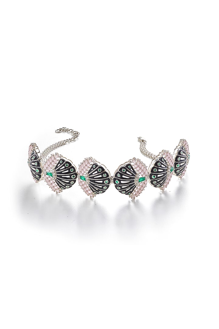 White Rhodium Finish Green Onyx & Rose Quartz Enameled Choker Necklace In Sterling Silver by Janvi Sachdeva Design at Pernia's Pop Up Shop