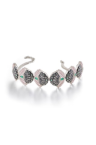 White Rhodium Finish Green Onyx & Rose Quartz Enameled Choker Necklace In Sterling Silver by Janvi Sachdeva Design