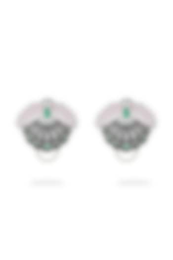 White Rhodium Finish Green Onyx & Rose Quartz Enameled Stud Earrings In Sterling Silver by Janvi Sachdeva Design at Pernia's Pop Up Shop