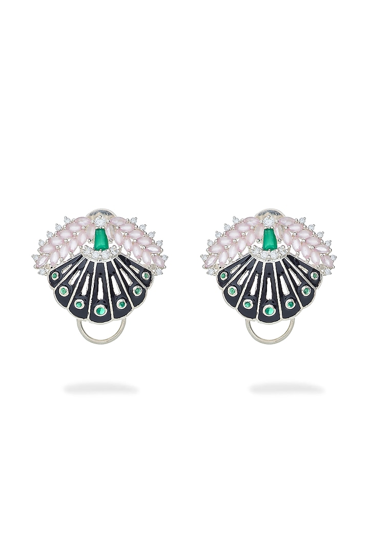 White Rhodium Finish Green Onyx & Rose Quartz Enameled Stud Earrings In Sterling Silver by Janvi Sachdeva Design at Pernia's Pop Up Shop