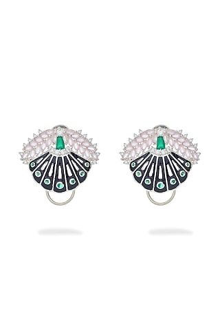 White Rhodium Finish Green Onyx & Rose Quartz Enameled Stud Earrings In Sterling Silver by Janvi Sachdeva Design
