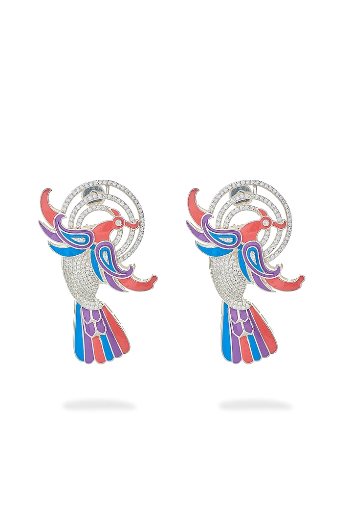 White Rhodium Finish Cz Diamond Enameled Earrings In Sterling Silver by Janvi Sachdeva Design at Pernia's Pop Up Shop