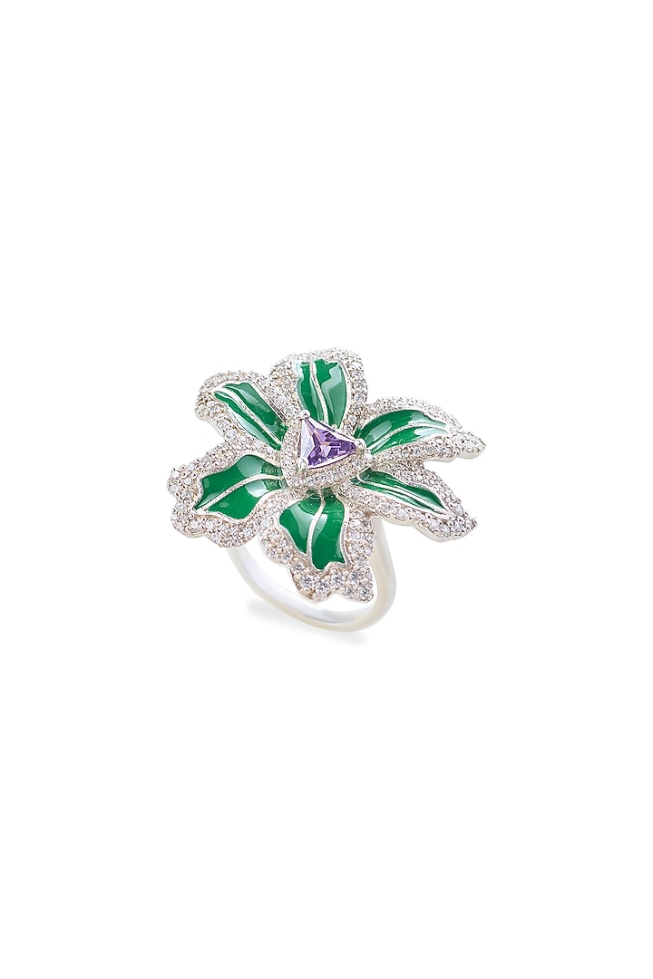White Rhodium Finish Amethyst Gemstone Green Enameled Ring In Sterling Silver by Janvi Sachdeva Design at Pernia's Pop Up Shop