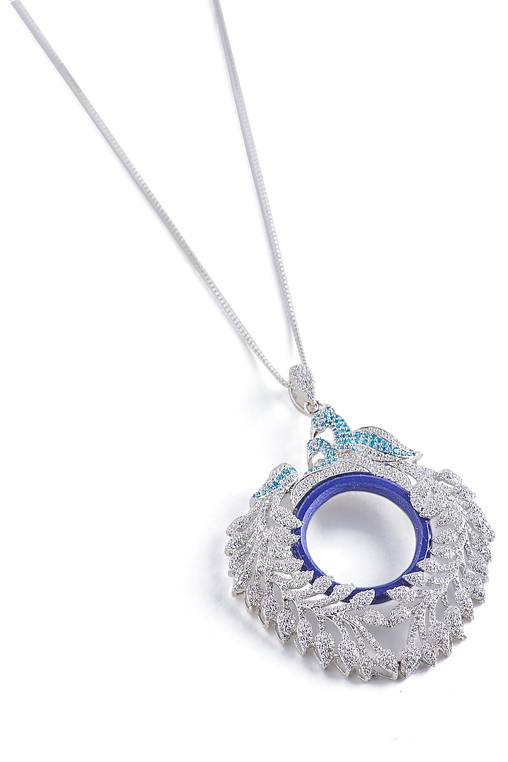 White Rhodium Finish Lapis Lazuli & Cz Diamond Pendant Necklace In Sterling Silver by Janvi Sachdeva Design at Pernia's Pop Up Shop