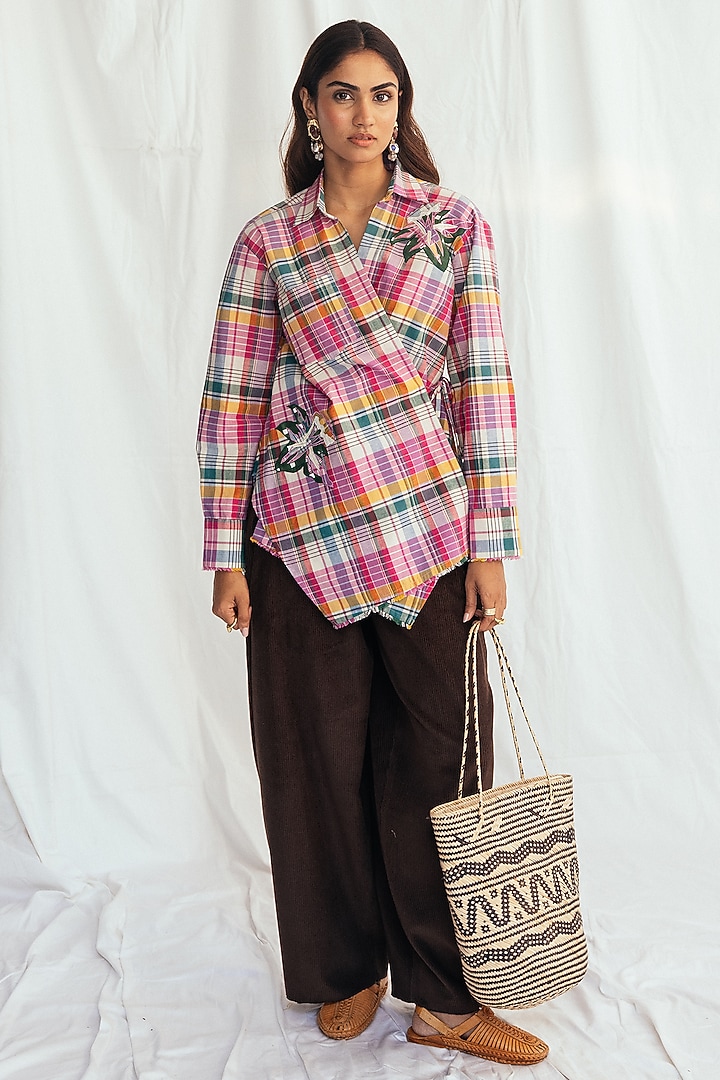 Pink Cotton Embroidered Wrap Shirt by Jodi at Pernia's Pop Up Shop