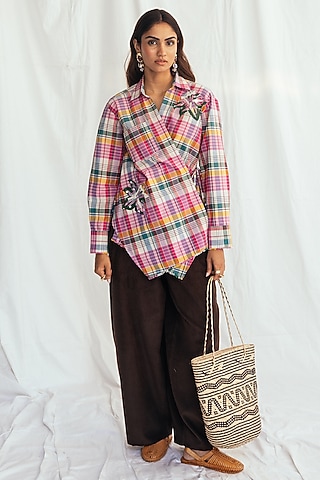 Pink Cotton Embroidered Wrap Shirt by Jodi