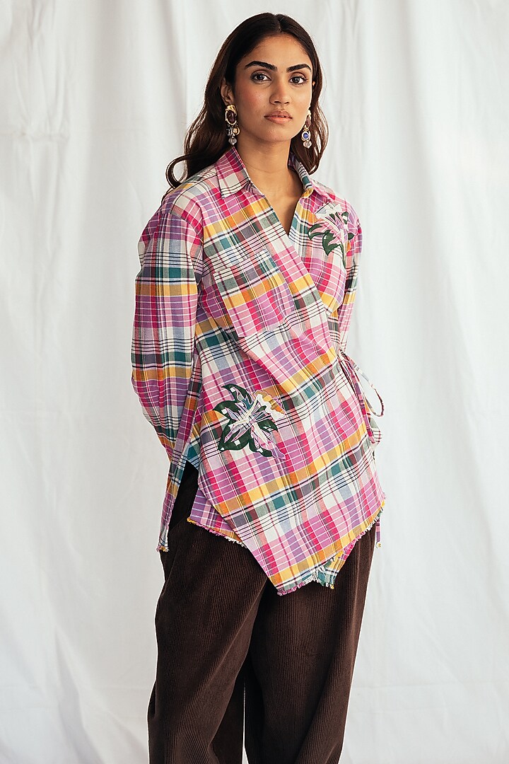 Pink Cotton Embroidered Wrap Shirt by Jodi at Pernia's Pop Up Shop