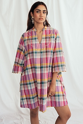 Pink Cotton Embroidered Shift Dress by Jodi