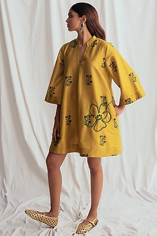 Yellow Cotton Silk Embroidered Shift Dress by Jodi