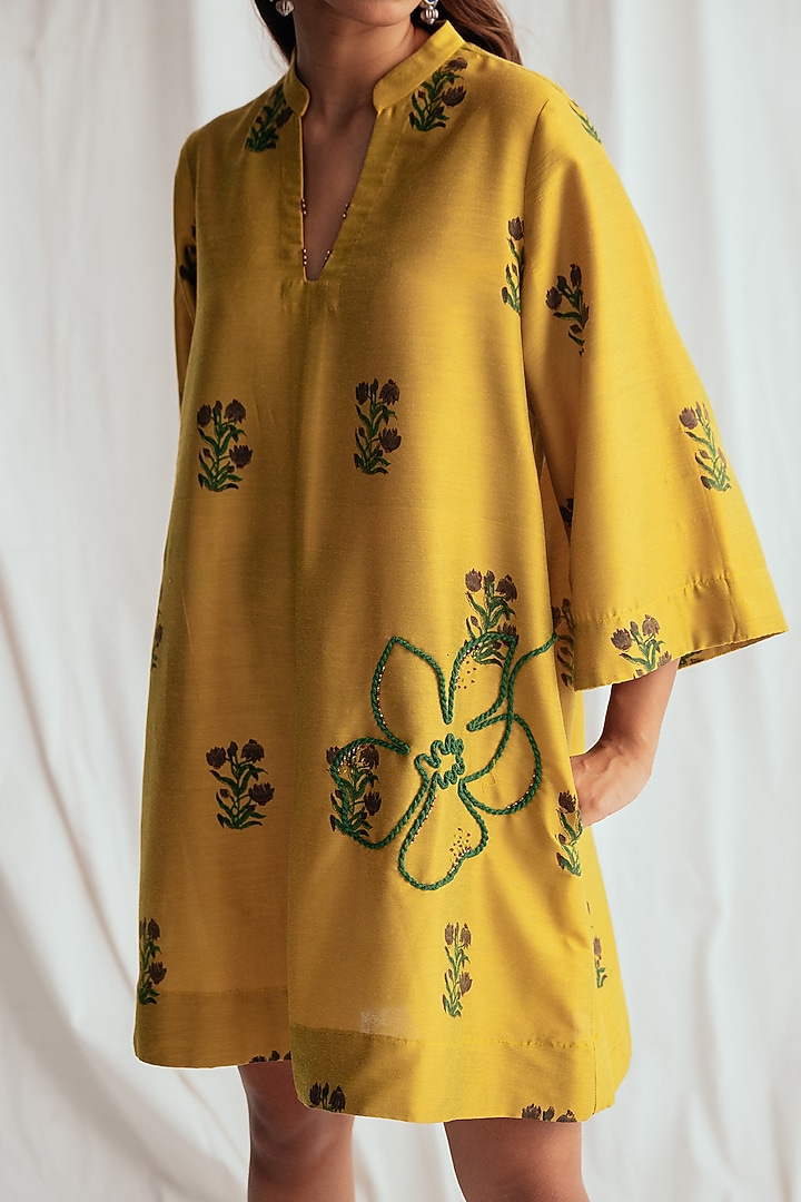 Yellow Cotton Silk Embroidered Shift Summer Dress by Jodi at Pernia's Pop Up Shop